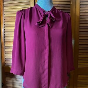 LOFT Women's Blouse in Deep Magenta with Bow Detail